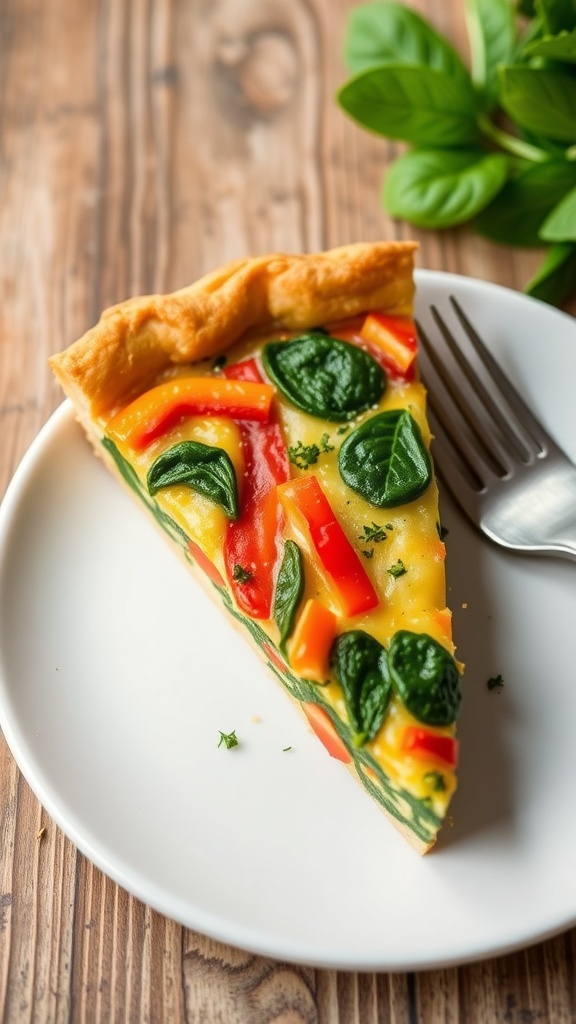 A slice of healthy quiche with spinach and bell peppers on a plate, garnished with herbs.